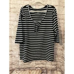 Riders by Lee Shirt Womens 1X Black White Striped Ruffle Slimming Stretch Cotton